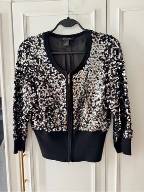 White House Black Market Sequin Zip-Front Cardigan - Black/Silver